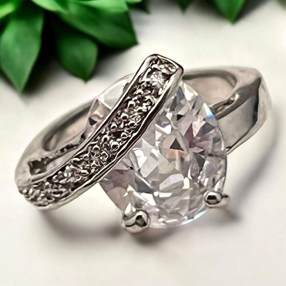 New Silver Tone Ring Oval CZ Bypass Pave Accent Size 7 - 9O